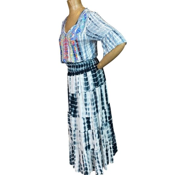 Calessa 2-Pc Top & Skirt BOHO Tie Dye Embroidered Flowers Sz L 152H - Picture 4 of 11